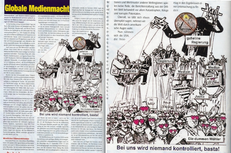 Das Bild der Pyramide mit dem Auge, von der aus Menschen wie Marionetten gelenkt werden, findet sich in der Neonazi-Zeitschrift Nordwind, die u.a. von deutschen Hammerskins herausgegeben wurde.