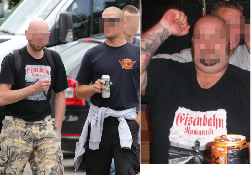 Das Bild zeigt als Motiv die Gleise, die auf das Lagertor des Vernichtungslagers Auschwitz zuführen, zynisch betitelt als »Eisenbahn Romantik«.