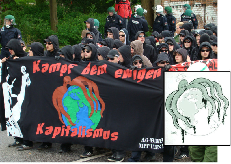 Die Parole »Kampf dem ewigen Kapitalismus« bezieht sich unzweifelhaft auf den antisemitischen Propagandafilm »Der ewige Jude«, der 1940 von der Reichspropagandaleitung der NSDAP herausgebracht wurde. Das Motiv des Kraken, der die Welt umschlingt, ist einer antisemitischen Karikatur im NS-Propagandablatt Der Stürmer (rechts) nachgezeichnet.
