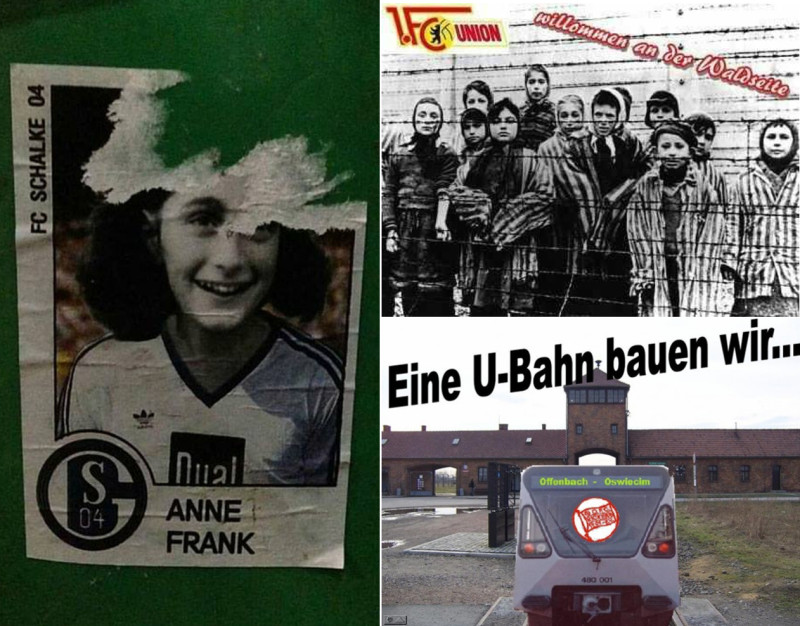 Aufkleber und Grafiken, die in Kreisen von Fußballfans verbreitet werden: Die Anfeindung von Schalke 04 über das Bild von Anne Frank (2017), die Darstellung von Fans des 1. FC Union Berlin als KZ-Gefangene (2014) sowie eine U-Bahn mit der Linienanzeige »Offenbach Oswiecim« (Oswiecim = polnischer Name von Auschwitz), die auf das Lagertor von Ausschwitz zufährt. Diese Grafik, die 2009 von einer NPD-Aktivistin aus Hessen über Internet-Plattformen verbreitet wurde, verbildlicht das in Kreisen von Fußballfans bekannte »U-Bahn-Lied«: »Wir bauen eine U-Bahn, eine U-Bahn bauen wir. Von [hier wird die Stadt des gegnerischen Vereins genannt] bis nach Auschwitz, eine U-Bahn bauen wir.«
