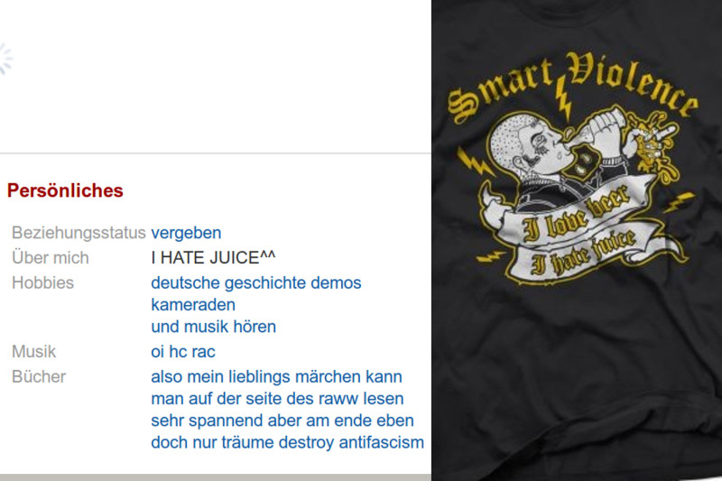 links: Auszug aus dem Profil eines Neonazis aus Hessen im sozialen Netzwerk Wer-kennt-wen 2009, rechts: Motiv der neonazistischen deutschen Musikband Smart Violence.