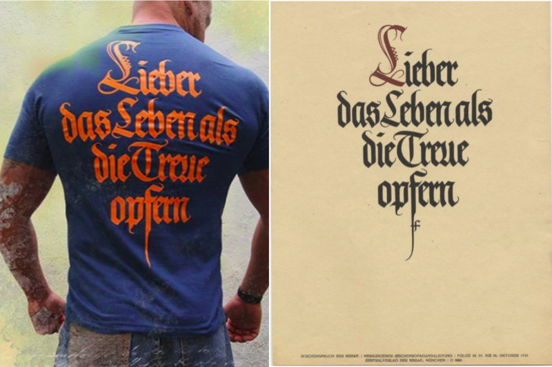 Der Rückendruck »Lieber das Leben als die Treue opfern« auf einem Shirt aus dem Angebot von Black Legion ist inhaltlich und grafisch aus den NSDAP-Wochensprüchen von 1940 übernommen.