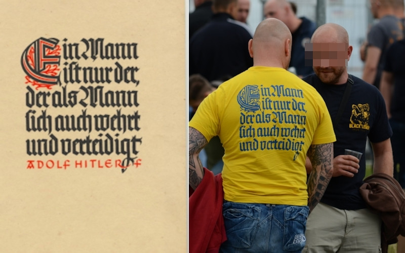 Der Rückendruck »Ein Mann ist nur der, der als Mann sich auch wehrt und verteidigt« auf einem Shirt aus dem Angebot von Black Legion ist inhaltlich und grafisch aus den NSDAP-Wochensprüchen von 1940 übernommen. Das Zitat wird Adolf Hitler zugeschrieben.
