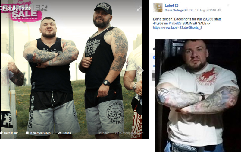 Die Nähe von Label 23 zu extrem Rechten wurde im Jahr 2016 deutlich, als Angehörige der russischen Neonazigruppe PPDM - Father Frost als Models für Label 23 auftraten. Das rechte Foto wurde über die Facebook-Seite eines der Models verbreitet - deutlich sind seine Ellbogen-Tätowierungen zu erkennen: die Schwarze Sonne links und das gerundete Hakenkreuz rechts. Auf den Werbefotos, die Label 23 verbreitete, sind diese Symbole unkenntlich gemacht worden.