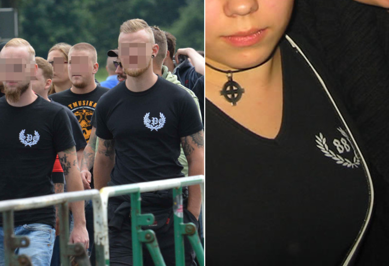 Der Lorbeerkranz, Logo der Marke, dient als Symbol des Sieges. In den Neonaziszenen finden sich viele Motive mit diesem Stilelement des Lorbeerkranzes, der das Logo von Fred Perry ist und dieser Marke populär gemacht wurde. Das Bild zeigt ein Gruppenlogo einer Kameradschaft sowie das neonazistischen Bekenntnis »88«.