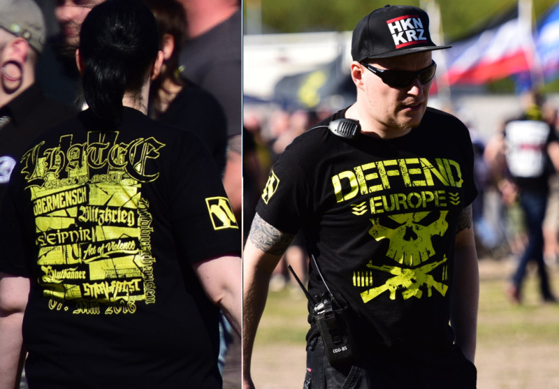 Bild rechts: Das in neonazistischen Szenen weitverbreitete HKNKRZ-Motiv stammt ebenso wie dieses Defend-Europe-Motiv aus dem Angebot des FSN Versandes. Das Foto zeigt den Betreiber Patrick Schröder, zugleich Geschäftsführer der Nemesis Production GmbH, die Ansgar Aryan vermarktet.