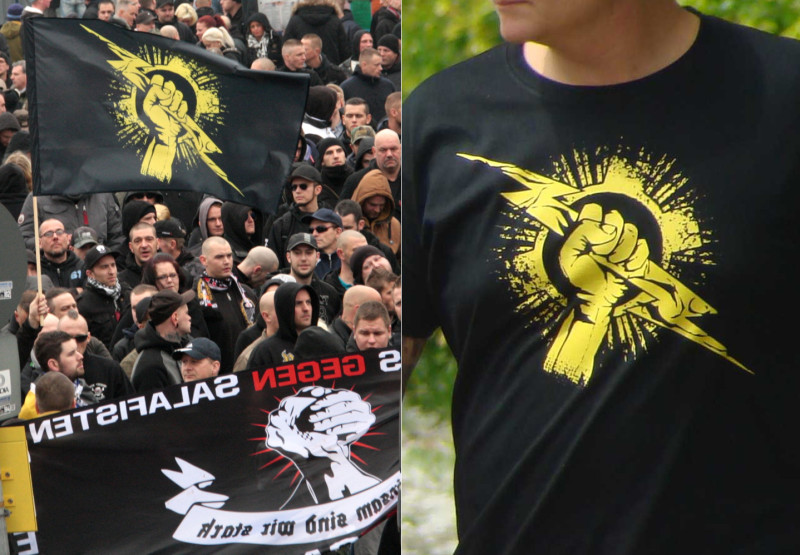 Bild links: Die FSN-Fahne auf einem Aufmarsch der Hooligans gegen Salafisten im Jahr 2014 in Hannover.