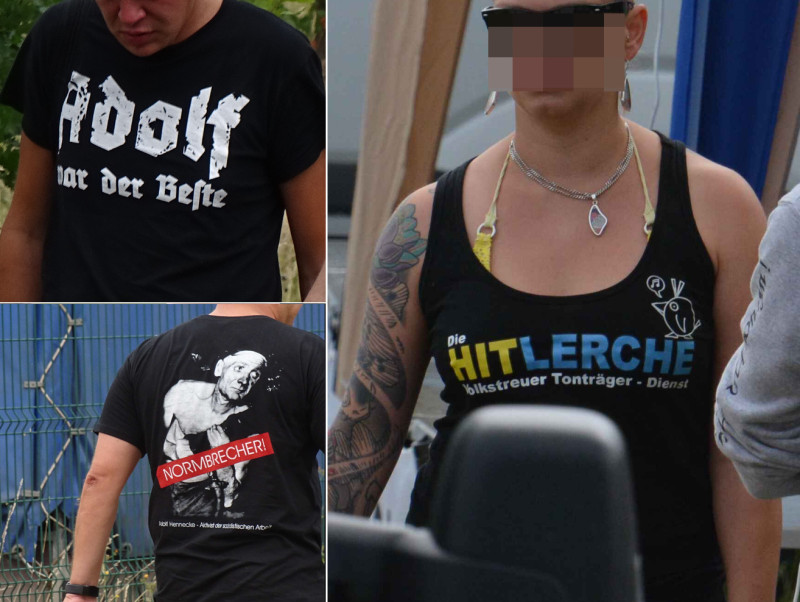 Humoriśtische Motive aus dem Sortiment des Hermannsland-Versandes. Auf der Shirt-Rückenseite von »Adolf war der Beste« befindet sich ein Bild des DDR-Arbeiteridols Adolf Hennecke, versehen mit der Zeile »Aktivist der sozialistischen Arbeit«.