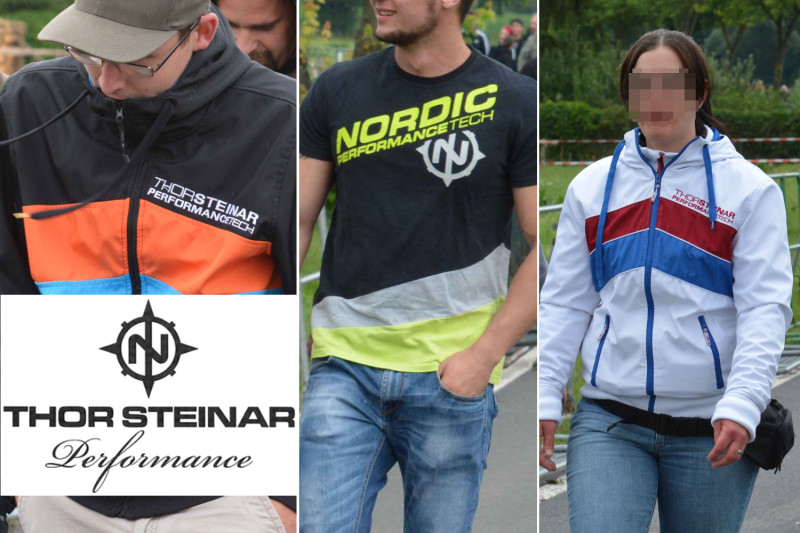 Die Produktlinie Thor Steinar Performance, die auch ein eigenes Logo hat, ist strikt am Design moderner Freizeit- und Funktionskleidung orientiert. Das Foto zeigt Teilnehmende eines Neonazikonzertes in Thüringen 2017.
