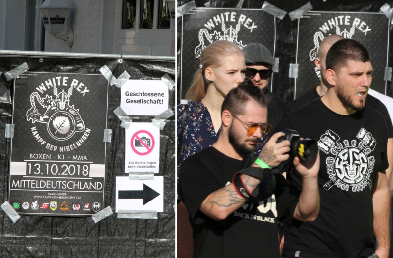 Der Betreiber von White Rex, Denis Kapustin, in einem Shirt mit White Rex-Logo bei einem Kampfsport-Event von Kampf der Nibelungen und White Rex 2018 in Sachsen.