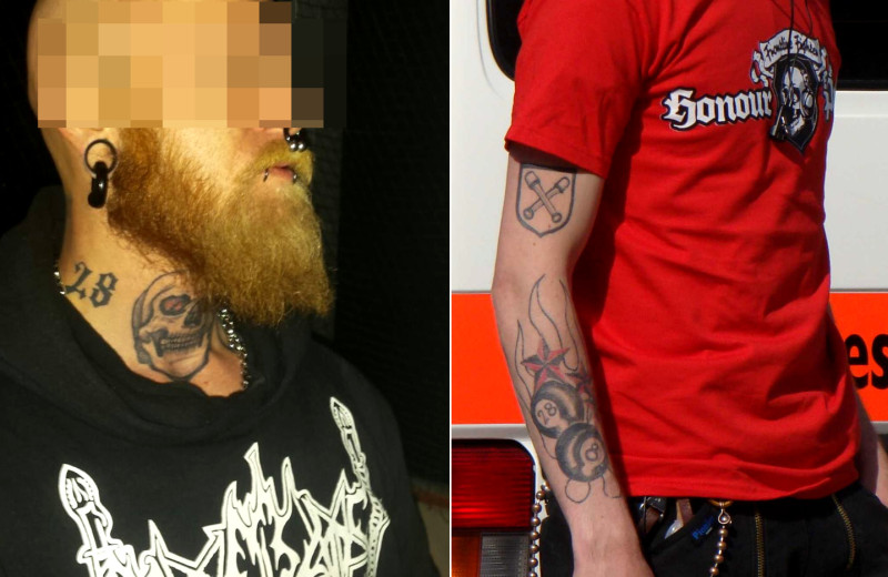 Bild rechts: Die obere Tätowierung dieses Neonazis der Gruppe Honour & Pride zeigt das Abzeichen 36. Grenadier-Division der Waffen-SS (»Division Dirlewanger«). Honour & Pride ist eine Nachfolgestruktur von Blood & Honour in Niedersachsen und Sachsen-Anhalt.