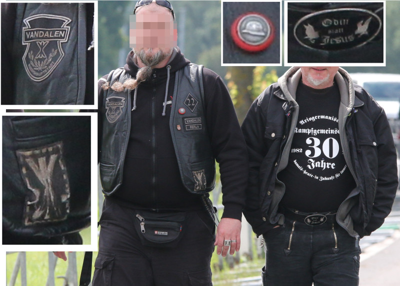 Im Auftreten der Berliner Neonazigruppe Vandalen wimmelt es von Bezügen auf das Germanentum. Im Namen »Vandalen - Ariogermanische Kampfgemeinschaft«, in der mehrfachen Darstellung der Hagal-Rune und in der Gürtelschnalle »Odin statt Jesus« mit der Gravur von Odins Raben. Der Button indes zeigt den Wehrmachtshelm.