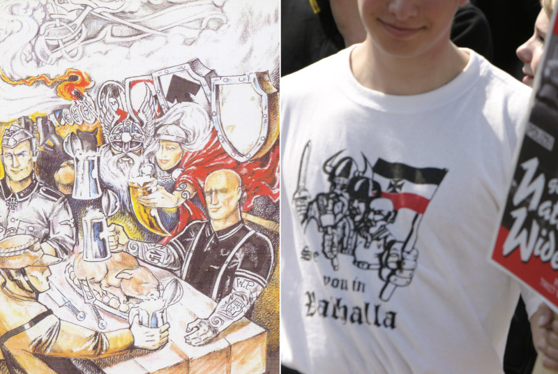 Walhalla als der Ort, der die Krieger der Germanen, des Nationalsozialismus und der heutigen Neonaziszenen vereint - links als Zeichnung auf einer Werbekarte eines neonazistischen Versands, rechts als Shirtmotiv »See you in Walhalla«.