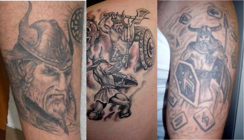 Wikinger-Tätowierungen hessischer Neonazis, gezeigt in den Jahren 2009 und 2010. Die Tätowierungen zeigen zudem Runen (unter anderem Sig-Rune und Odal-Rune) und die Schwarze Sonne.