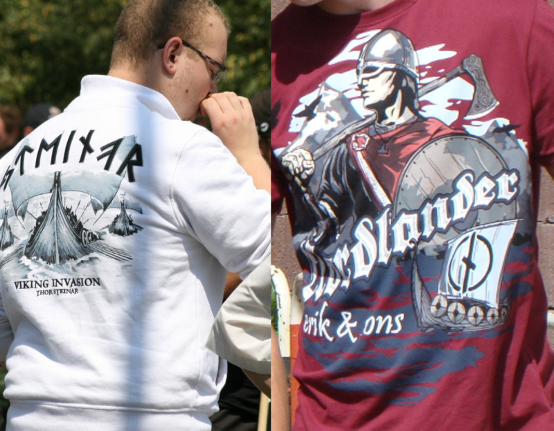 Wikinger und Wikingerschiff als Motiv der Bekleidungsmarken Thor Steinar und Erik & Sons.