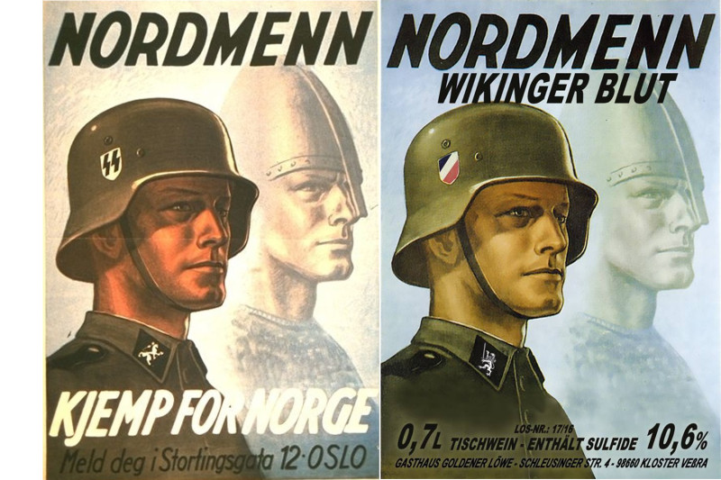 Werbung für die SS-Panzer-Division Wiking 1942 in Norwegen sowie Werbung für Tischwein von neonazistischen Treffpunkt in Thüringen 2015.
