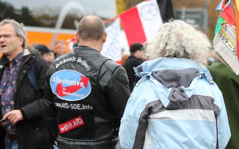 Anhänger der Alternative für Deutschland auf einer Demonstration gegen die Maßnahmen zur Eindämmung der COVID-19-Pandemie. Vielerorts machen sich Personen und Gruppen der AfD zum Sprachrohr von verschwörungsideologischen »Querdenkern«, die gegen die Corona-Maßnahmen mobilisieren.
