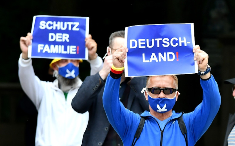 Bild von einer Demonstration der AfD im Mai 2020 in Berlin.
Zum »Corporate Design« der Alternative für Deutschland gehört die Farbkombination von hellblau, weiß und rot. Die AfD hat Richtlinien aufgestellt, wonach Aktivist:innen und Untergliederungen mit den »klar definierten Elementen (Logos, Farben, Schriften, Sprache…)« in Erscheinung treten sollen. Die Farbgestaltung hat hohen Wiedererkennungswert. So werden politische Plakate, die in diesen Farben gehalten sind, mit der AfD assoziiert, selbst wenn der rote Pfeil oder andere Hinweise auf die AfD fehlen,