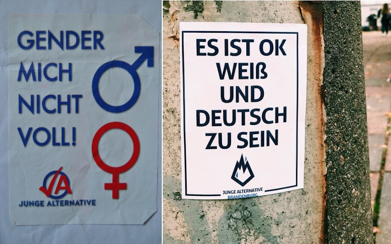 Propaganda der AfD-Jugendorganisation Junge Alternative für Deutschland (JA) mit altem und neuem Logo.