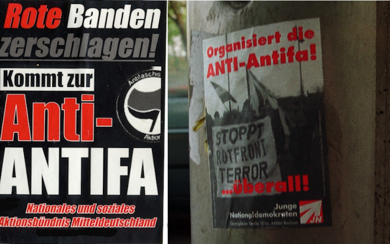 Vor allem in den 1990er und 2000er Jahren gab es viele Aufrufe, die Anti-Antifa zu organisieren und gewalttätig gegen Antifaschist:innen vorzugehen. Das Bild zeigt Aufkleber aus dieser Zeit.