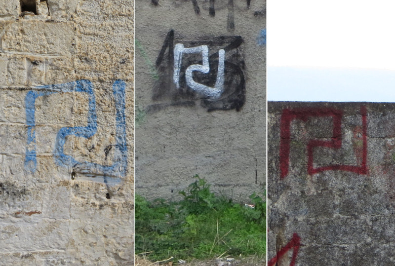 Fotos aus der Stadt Gythio (Griechenland, Peloponnes) im Jahr 2018. Obwohl das Mäander-Symbol ein in Griechenland verbreitetes Kunstsymbol ist, so ist dessen Verwendung in Wandschmiereien zwingend als Bekenntnis zur Partei Chrysi Avgi zu deuten.
