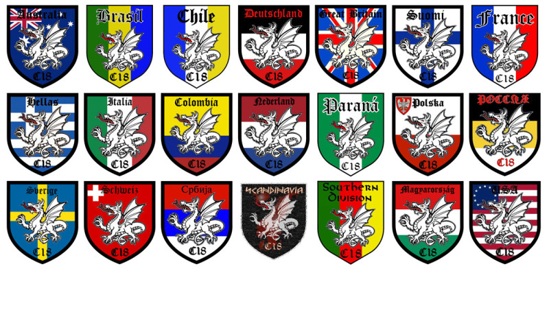 Die Wappen der verschiedenen Divisionen (= Länderabteilungen) des 2012 reorganisierten Combat 18-Netzwerkes zeigen in der Regel neben dem Gruppensymbol, dem Drachen, die jeweiligen Staatsflaggen. Doch es gibt Ausnahmen. So zeigt das deutsche C18 die Farbkombination Schwarz-Weiß-Rot statt Schwarz-Rot-Gold, im Wappen der US-amerikanischen Division finden sich statt der 50 Sterne des »Star-Spangled Banner« (für die 50 Bundesstaaten der USA) nur 13 Sterne, die die Bundesstaaten der Confederate States of America darstellen (siehe: Südstaatenfahne).