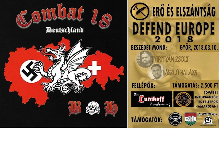 Links: Die Herstellung und Verbreitung dieses illegalen Musiksamplers im Jahr 2018 wurde von Mitgliedern von von Blood & Honour / Combat 18 aus Bayern, Thüringen, Hessen und Ungarn organisiert. Auf der CD sind Musikstücke von BH/C18-Bands aus Deutschland und der Schweiz enthalten. Die CD brachte in Deutschland mehreren Personen ein Ermittlungsverfahren wegen der Weiterführung der hierzulande verbotenen Organisation Blood & Honour ein. Ein Abschluss des Verfahrens ist nicht bekannt.
Rechts; Werbung für ein Konzert mit der deutschen Band Die Lunikoff Verschwörung im März 2018 in Ungarn, das von der ungarischen Division von Blood & Honour / Combat 18 mitveranstaltet wurde.