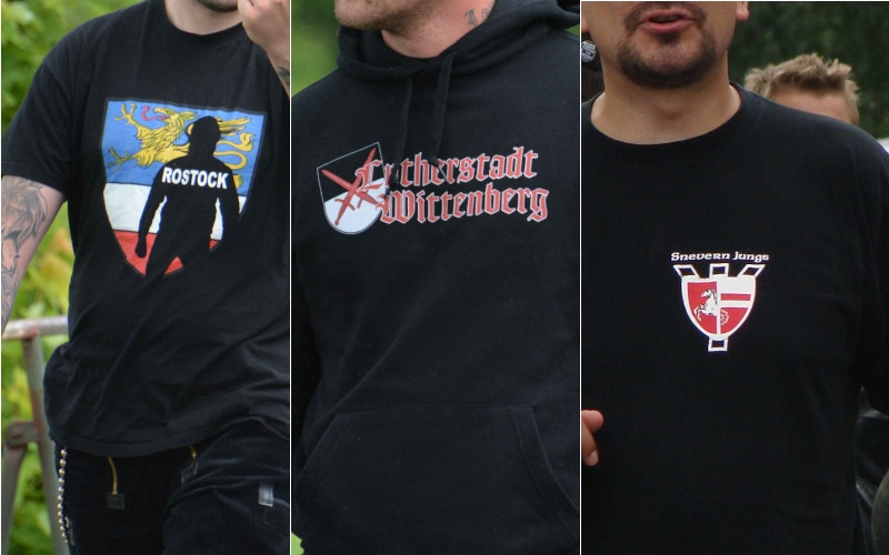 Neonazistische Kameradschaften stellen in ihren Symbolen und Motiven in der Regel ihren regionalen Bezug heraus.
Links: Das Rostocker Stadtwappen in einem Motiv der Aktionsgruppe Festungsstadt Rostock,
Mitte: Das Shirt eines Angehörigen einer Wittenberger Kameradschaft zeigt das alte Wappen der Herzöge von Sachsen-Wittenberg, das heute als offizielles Wappen des Landkreis Wittenberg dient.
Rechts: Das Emblem der Kameradschaft Snevern Jungs aus Schneverdingen (Niedersachen) zeigt die sogenannte Lebensrune, auf die ein Schild gelegt ist. In diesem findet zur einen Hälfte das »Sachsenross«, das Wappentier des Landes Niedersachsen, und zur anderen Hälfte das Stadtwappen von Schneverdingen.