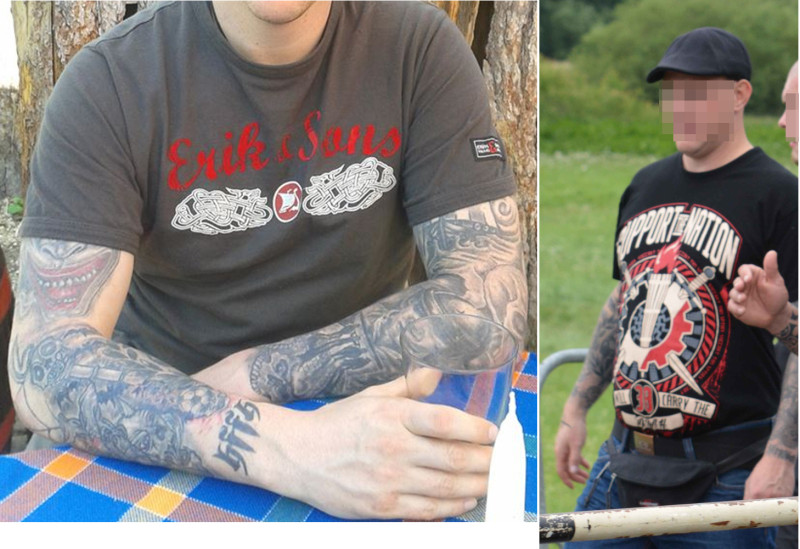 Zunächst hatten wir nur das linke Foto als Beispiel für den Hammerskin-Gruß »HFFH« abgebildet. Im Juni 2018 schrieb uns der Träger dieser Tätowierung (am Handgelenk), ein Neonazi aus Mittelhessen, per Email: »ich möchte nur darauf hinweisen das Sie eins der Bilder falsch deuten. Das Bild zeigt zum Teil mich, allerdings bin ich nicht der Hammerskinbewegung zugehörig, auch nicht zur Crew38. Dieses Tattoo stammt aus der Fußballszene und bedeutet Hooligan forever forever Hooligan, deshalb auch der Fussball darüber. Gerne könnt ihr euren Bericht nach bessern...«
Dabei trug dieselbe Person (Bild rechts) im Juli 2017 bei einem Neonazi-Konzert in Thüringen ein Shirt mit dem Aufdruck »Support the Nation« - ein eindeutiges Bekenntnis zu den Hammerskins.
