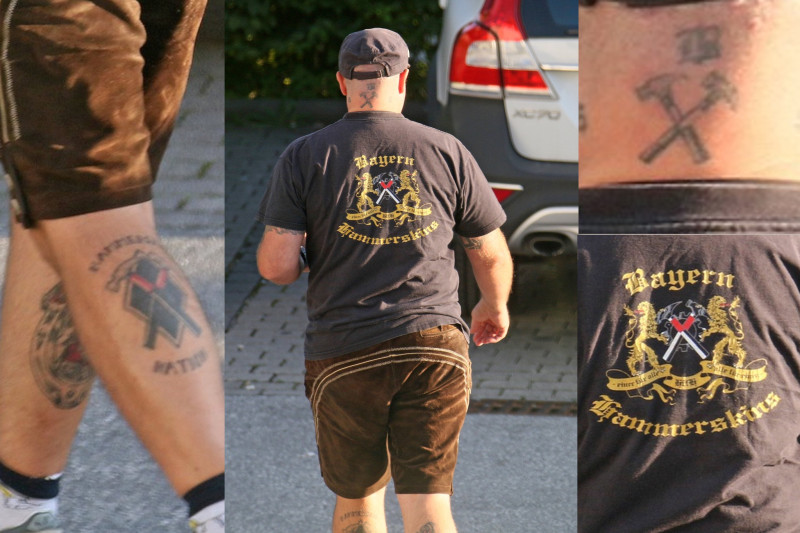 Hammerskin aus Niederbayern 2017: Das Hammerskin-Symbol als Shirt-Motiv und auf Tätowierungen im Nacken und an der Wade.