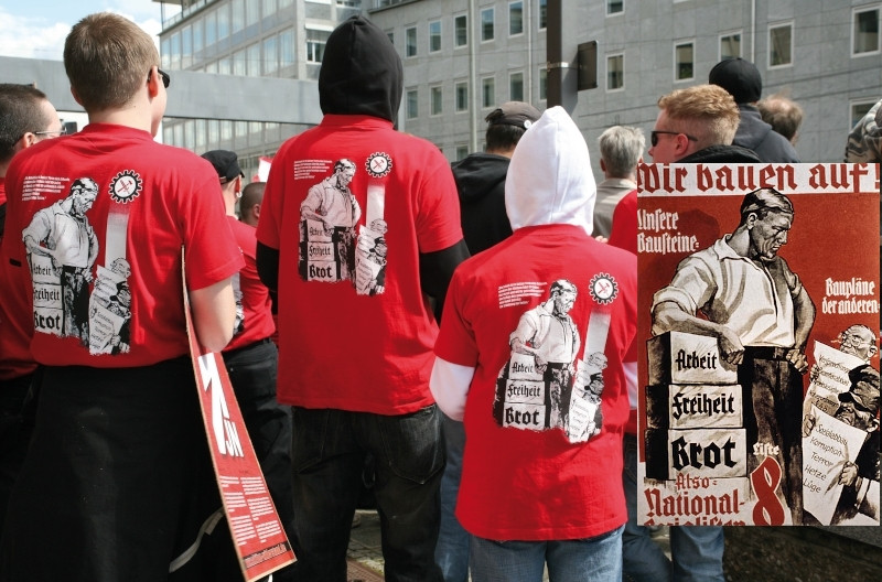 Auf einem NPD-Aufmarsch am 1. Mai 2008 in Nürnberg unter dem Motto "Sozial geht nur national" trugen etliche Anhänger:innen der NPD Shirts, auf denen nur leicht verfremdet das Motiv eines NSDAP-Wahlplakats von 1932 abgebildet war.