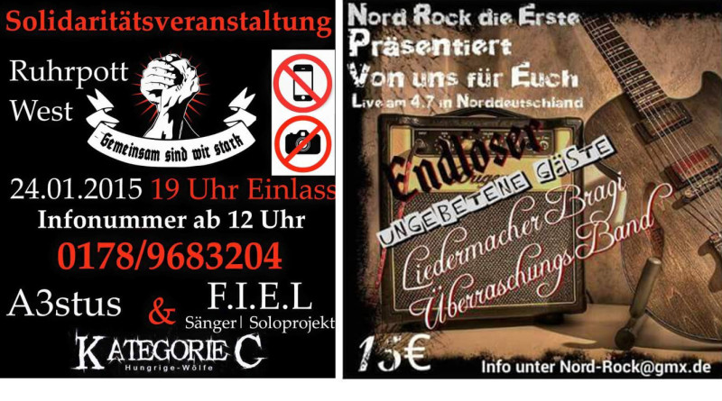 Auf vielen Konzerten, gerade Festivals, treten sowohl neonazistische Rockbands als auch Liedermacher_innen auf. Auf der »Solidaritätsveranstaltung« der Hooligans gegen Salafisten ist neben dem Rap-Duo A3stus und dem Solomusiker F.i.e.L. (steht für »Fremd im eigenen Land«) auch die neonazistische Rockband Kategorie C - Hungrige Wölfe angekündigt. Für das Konzert in Norddeutschland 2015 ist Liedermacher Bragi neben Bands wie Endlöser im Programm.