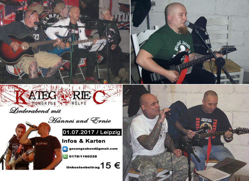 Viele Musiker von Rechtsrock-Bands treten als Solomusiker oder als Liedermacherduo auf. Häufig bilden Musiker einer Neonaziband - oder aus mehreren Neonazibands - eine Musikgruppe, die Balladen spielt. Ein »Balladenabend« kann mit erheblich weniger Aufwand und geringeren Unkosten organisiert werden als ein Rockkonzert, die Gagen verteilen sich auf weniger Leute. Manche Rechtsrock-Musiker verdienen als Solisten oder als Duo mutmaßlich mehr Geld als über Auftritte ihrer Rockband.
Die obere Bildreihe zeigt Mirko Szydlowski aus Dresden, Liedermacher Barny, links als Gitarrist eines Balladen-Trios auf einem Blood & Honour-Treffen 2011 in England, rechts als Solisten auf einer »White-X-Mas«-Party 2008 in Rheinland-Pfalz. Auf dieser Party traten auch Ken McLellan, Sänger der englischen Neonaziband Brutal Attack, und ein weiterer Brutal-Attack-Musiker als Balladen-Duo auf (Bild rechts unten). Auch Hannes Ostendorf von der Band Kategorie C - Hungrige Wölfe (KC) tritt mit einem weiteren KC-Musiker als Duo auf.