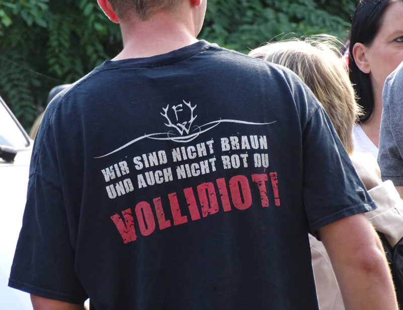 Teilnehmer einer rechten, antiziganistischen Kundgebung in Halle/Saale 2016. Das Shirt-Motiv bezieht sich auf einen Aussage von Frei.Wild in ihrem Song »Schlagzeile groß, Hirn zu klein«. Darin heißt es: »Frei.Wild wird nur größer und viele werden erkennen, Menschen kann man nicht von ihren Gefühlen trennen. Diese sind nicht braun und auch nicht rot und gegen jeden Extremismus, du Vollidiot«. Die Konstruktion des Politikfernen geht bei der Band soweit, dass nicht einmal das Bekenntnis gegen »Extremismus« als ein Akt rationaler Überlegung und Überzeugung gesehen, sondern als Ausdruck eines Gefühls.