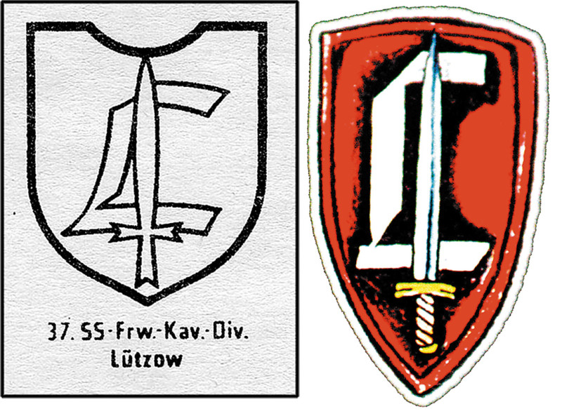 Die Neonazi-Band Landser leitete ihr Bandlogo aus dem Abzeichen der 37. SS-Freiwilligen-Kavallerie-Division Lützow ab.