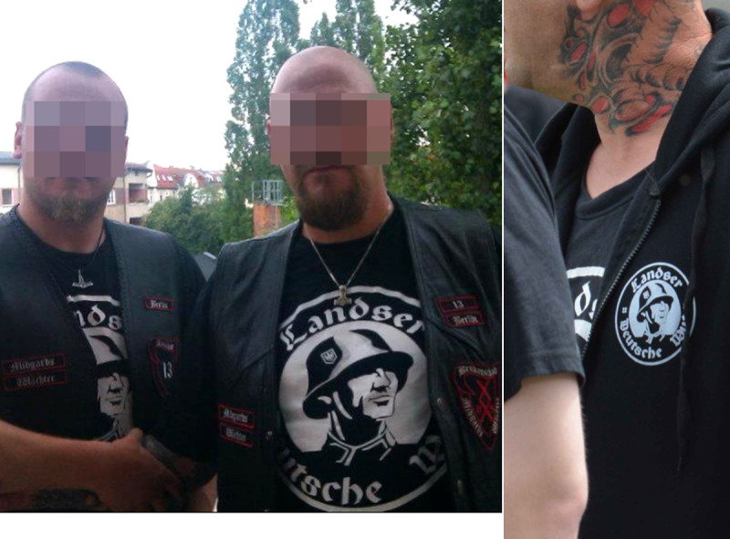 »Deutsche Wut« ist ein 1998 erschienenes Lied der Band Landser, das in Neonaziszenen sehr populär wurde. Darauf bezieht sich dieses Shirt-Motiv. Die Personen auf dem linken Foto sind Angehörige der neonazistischen »Bruderschaft« Midgards Wächter aus Berlin und Schleswig-Holstein.