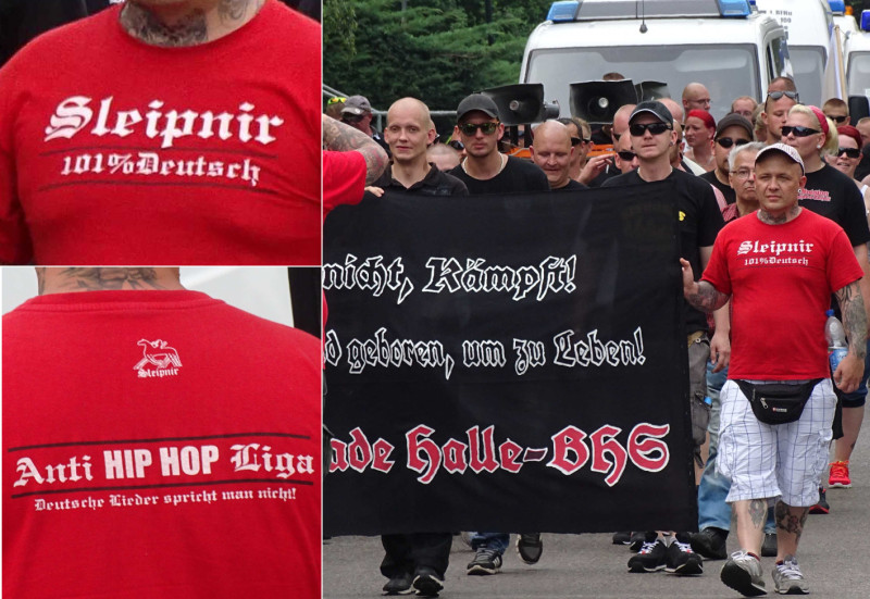 Vorder- und Rückseite eines Sleipnir-Shirts. Im Rückenmotiv ist das achtbeinige Pferd dargestellt.