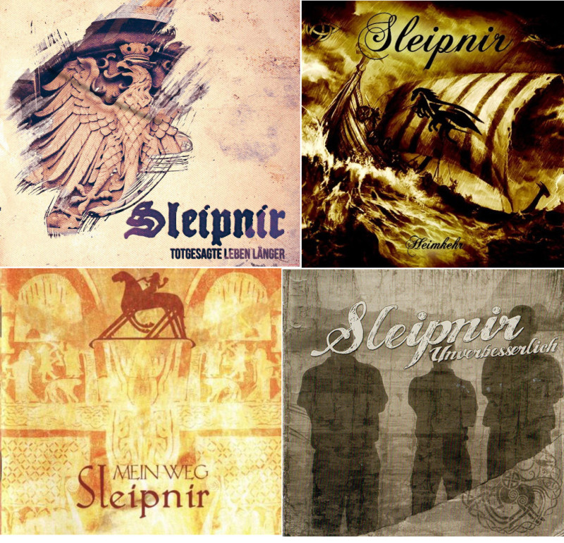 Sleipnir-Veröffentlichungen aus den Jahren 2016, 2014, 2010 und 2003 (von links oben im Uhrzeigersinn). Auf dem Bild links unten ist das achtbeinige Pferd dargestellt,