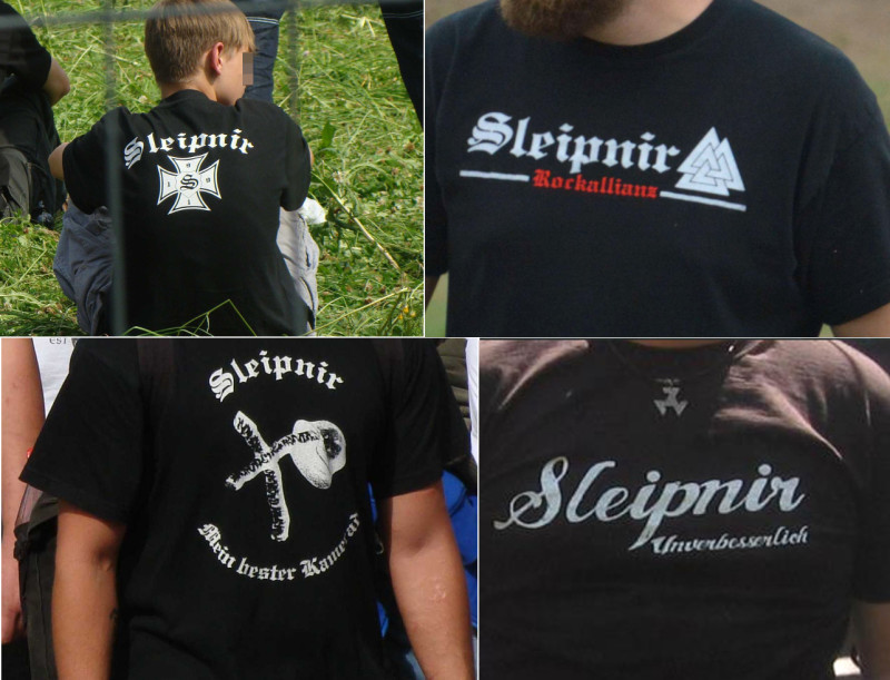 Sleipnir-Motive mit Stahlhelm, Eisernem Kreis und Valknut.