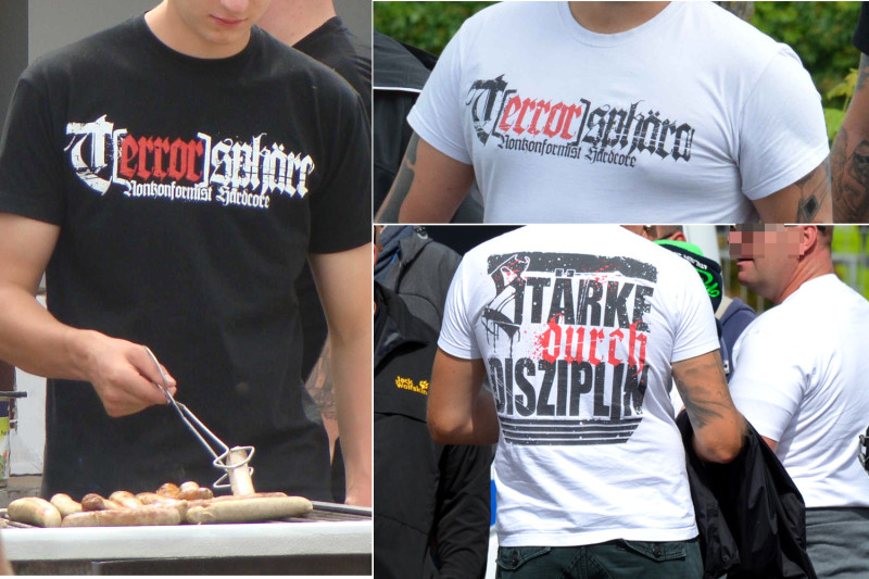 Das Terrorsphära-Motiv »Nonkonformist Hardcore« mit dem Rückendruck »Stärke durch Disziplin« ist das Motiv, das im Jahr 2017 in neonazistischen Szenen am häufigsten gezeigt wird.