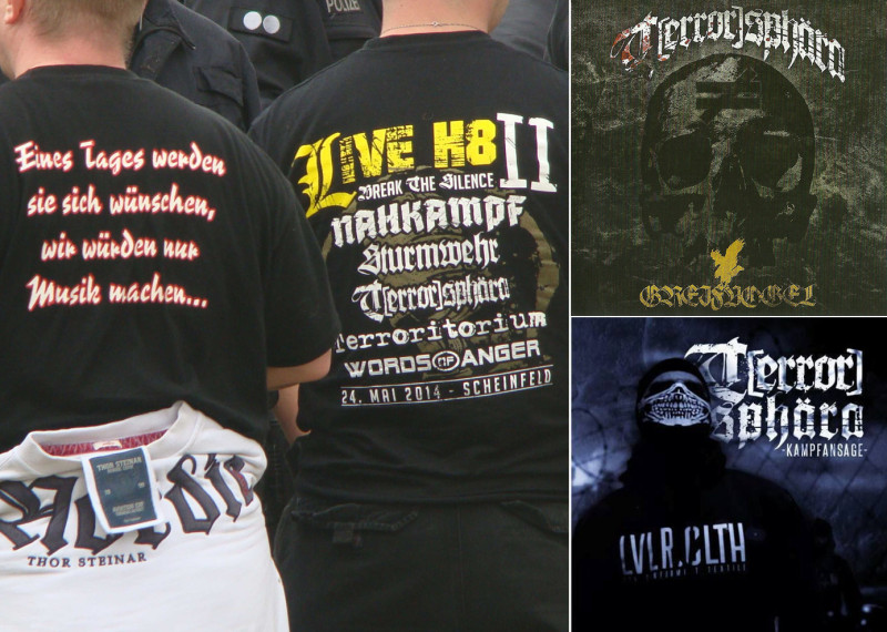 oben rechts: 2014 erschienene Promo-CD von Greifvogel Wear und Terrorsphära. (Ausführlicher siehe Greifvogel Wear).