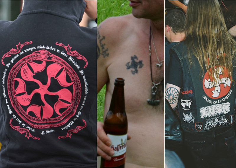 Die Bilder links und in der Mitte zeigen Teilnehmer eines Neonazi-Konzerts in Thüringen im Jahr 2017. Das Motiv auf dem linken Bild ist als Modemarke eingetragen, Inhaber ist u.a. der Geschäftsführer der Nemesis Production GmbH, die die Marke Ansgar Aryan vertreibt. Das rechte Bild zeigt einen Besucher eines neonazistischen Black Metal-Konzertes in Deutschland mit dem  Abzeichen der australischen NSBM-Band Spear of Longinus auf der Weste.