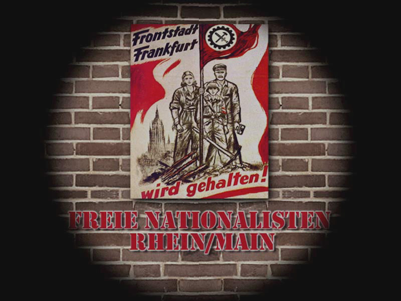 Eingang der Internetseite der Freien Nationalisten Rhein-Main 2008. Hammer und Schwert sowie Zahnrad dienen als Platzhalter für das Hakenkreuz (Original des NS-Plakats siehe Bild 2 bei Hakenkreuz).