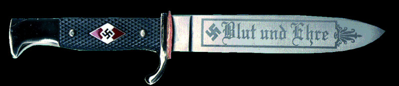 »Blut und Ehre« war der Leitspruch der Hitler-Jugend und bis 1938 auf den Fahrtenmessern der HJ (Bild) eingeätzt. Er gab u.a. dem dem Neonazi-Netzwerk Blood & Honour seinen Namen.