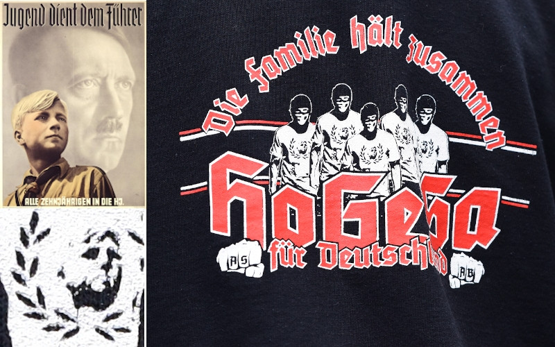 links: Plakat der Hitler-Jugend. Im Shirt-Motiv der »Hooligans gegen Salafisten« findet sich diese Darstellung des Hitler-Jungen.