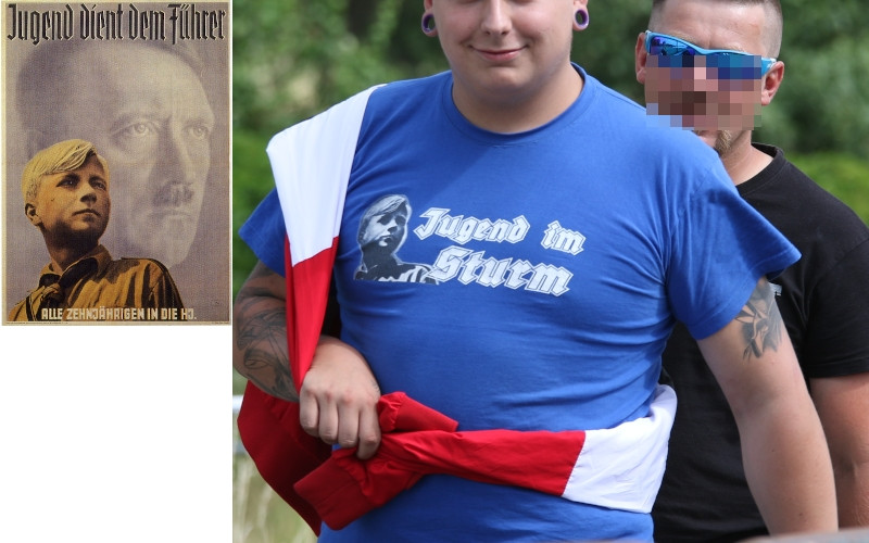 links: Plakat der Hitler-Jugend, rechts: Besucher eines Neonazi-Konzertes im Jahr 2019