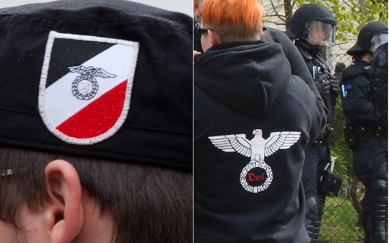 Auf dem linken Bild ersetzen Hammer und Schwert und auf dem rechten Bild das Gruppenlogo das Hakenkreuz in den Klauen des NS-Adlers. Der 2014 gegründete neonazistische Verein »Deutschland muss leben« (Dml) erlangte kaum Bedeutung.