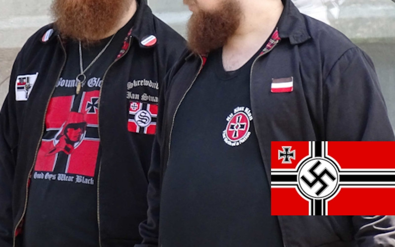Die Reichskriegsflagge, die von 1935 bis 1945 gezeigt wurde, ist verboten, da sie in der Mitte ein Hakenkreuz enthält. Motive der Neonazibands Bound for Glory (USA) und Skrewdriver (England) zeigen diese Reichskriegsfahne leicht verändert. Beim Bound for Glory-Motiv auf dem Shirt ist das Bild eines Landsers über das Hakenkreuz gelegt, beim Skrewdriver-Motiv auf der Jacke ersetzt das Bandlogo der Band, das S, das Hakenkreuz. Der Spruch »Good Guys Wear Black« auf dem Shirt bezieht sich auf die schwarze Uniform der SS.