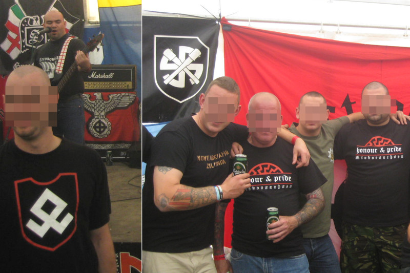 Bilder von einem Neonazikonzert in England 2011:
Das Shirt-Motiv im Bild links zeigt das Abzeichen der 7. SS-Freiwilligen-Gebirgs-Division »Prinz Eugen«, farblich abgewandelt.
Das Banner im Hintergrund im Bild rechts zeigt ein Wappen, in dem die Kennzeichen der SS-Division »Wiking« (das gerundete Hakenkreuz) und der Waffen-Grenadier-Division der SS »Dirlewanger« (die gekreuzten Stabhandgranaten) übereinander gelegt wurde. Die auf dem Bild posierenden Neonazis gehören zum Teil der Gruppe Honour & Pride aus Niedersachsen an.
