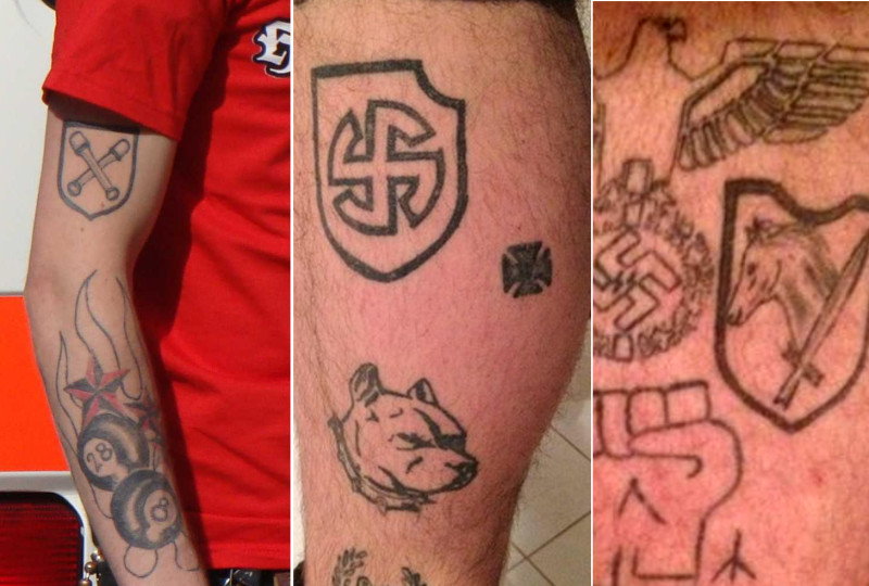 Tätowierungen deutscher Neonazis.
Bild links: Truppenabzeichen der 36. Waffen-Grenadier-Division der SS »Dirlewanger«, darunter der Zahlencode 28 (Blood & Honour).
Bild Mitte: Abzeichen der 5. SS-Panzer-Division »Wiking«.
Bild rechts: Abzeichen der 8. SS-Kavallerie-Division »Florian Geyer« (mit Pferdekopf und Schwert), zudem Reichsadler mit Hakenkreuz und White Power Faust.